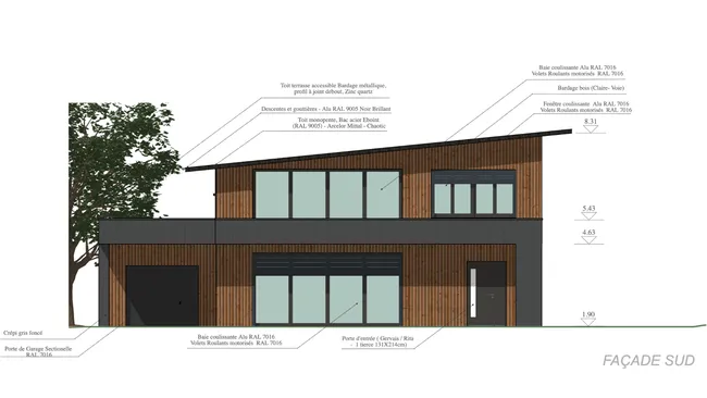 Plan de façade maison moderne en bois généré avec Cedreo